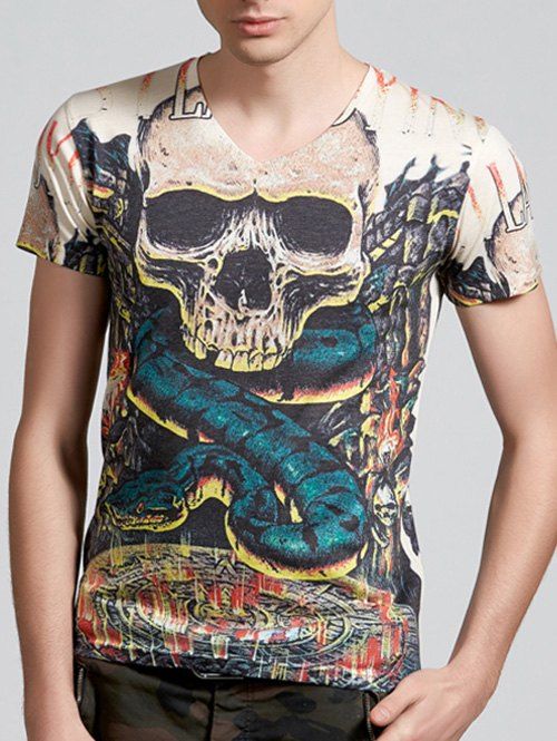 

3D Skull and Snake Print V-Neck Short Sleeve T-Shirt, Colormix