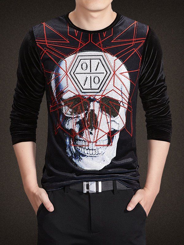 

3D Geometric Skull Print Rhinestoned Long Sleeve Velvet T-Shirt, Black