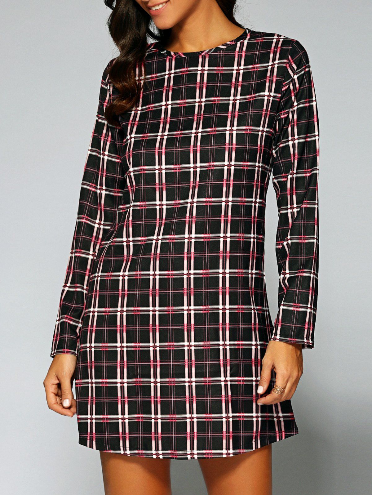 

Long Sleeve Checked A-Line Dress, Coffee