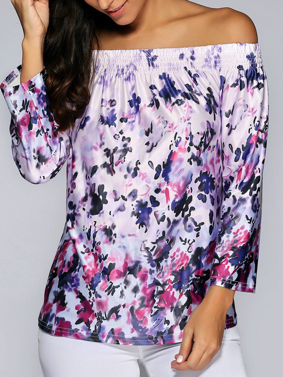 

Long Sleeve Off The Shoulder Print Blouse, Purple