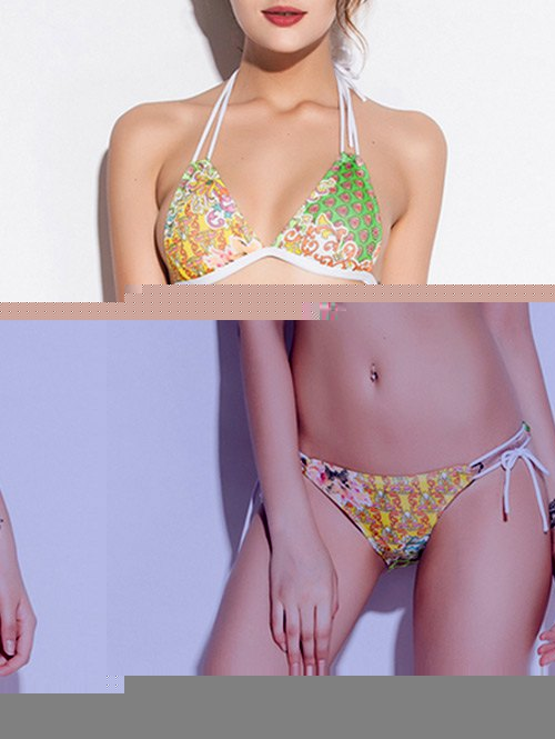 Floral Print bowknot Tie Strappy Bikini Set - multicolore S