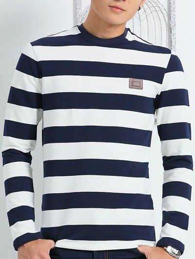 

Round Collar Long Sleeves Striped Tee, Deep blue