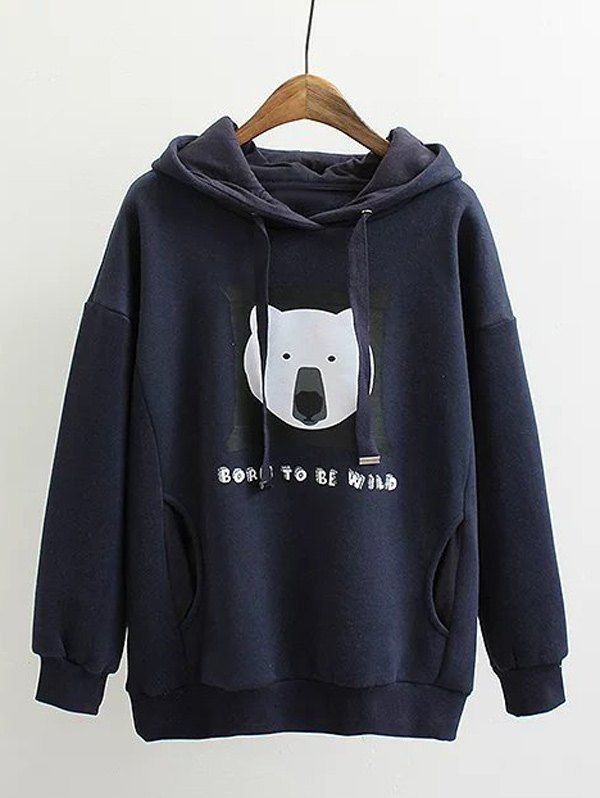 

Plus Size Fleece Bear Print Hoodie, Cadetblue