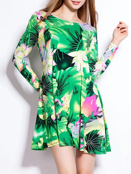Ample feuille de Lotus Imprimer Mini robe à manches longues - Vert XL