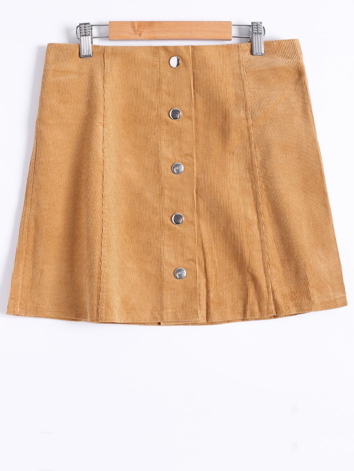 Popper Button Down A Line Skirt - KHAKI L