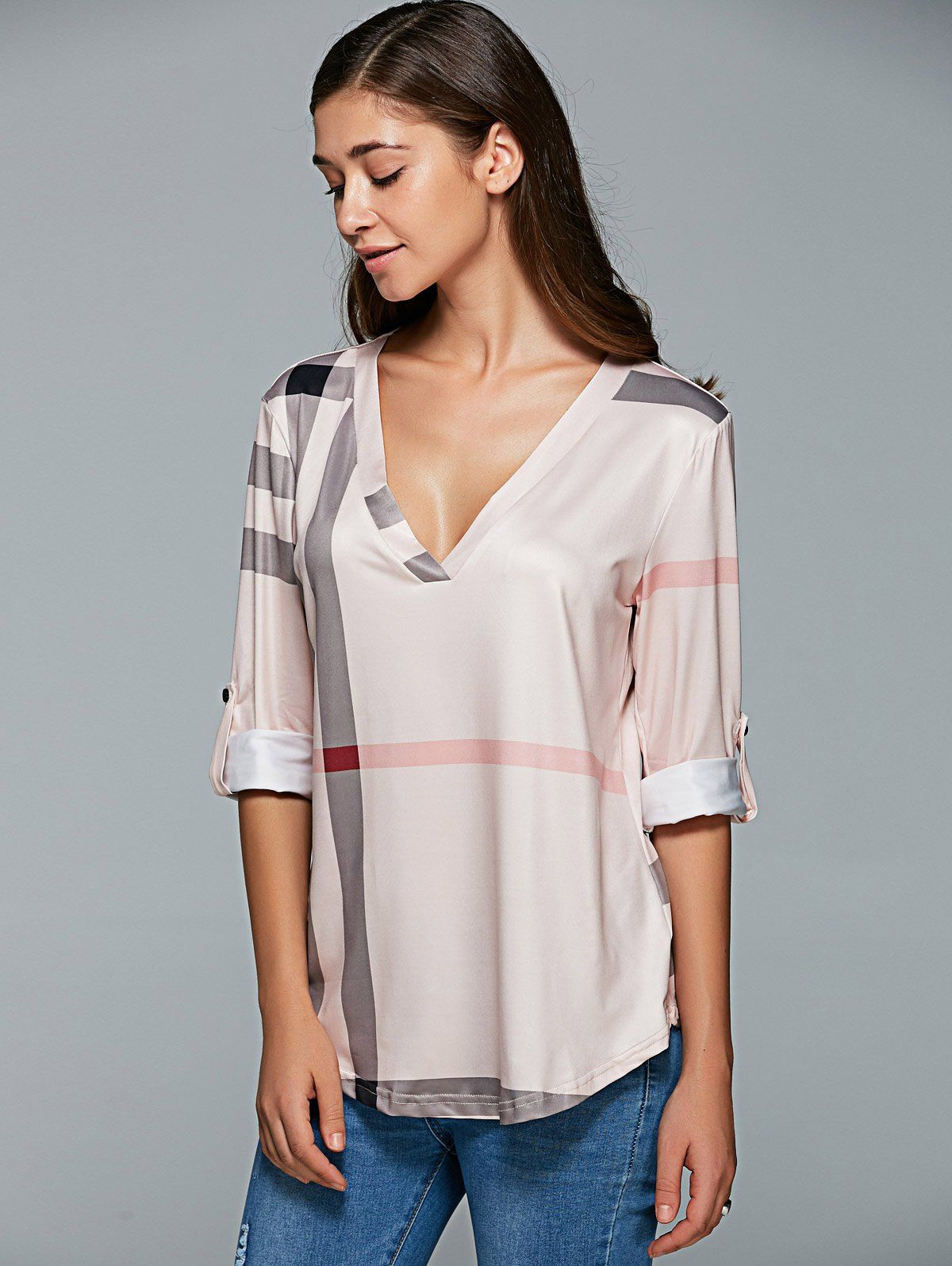 2018 V Neck 3/4 Sleeve Plaid Blouse SHALLOW PINK XL In Blouses Online Store. Best Long Sleeve 