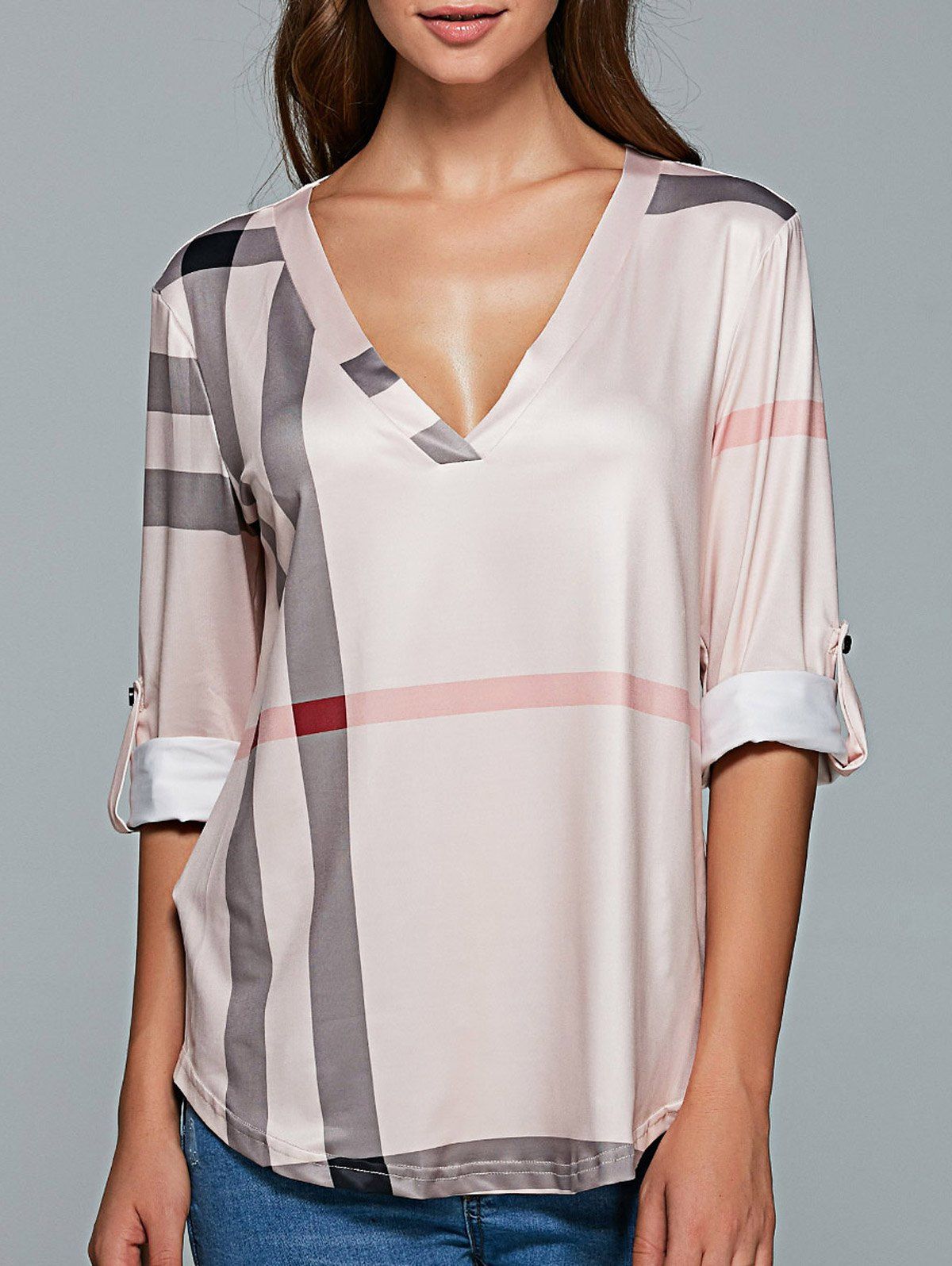 

V Neck 3/4 Sleeve Plaid Blouse, Shallow pink