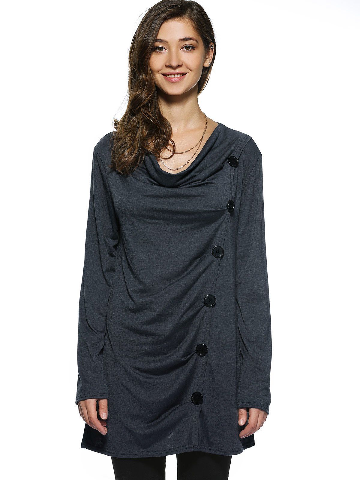 Cowl Neck Ruched Long Blouse, DEEP GRAY, XL in Long Sleeves | DressLily.com