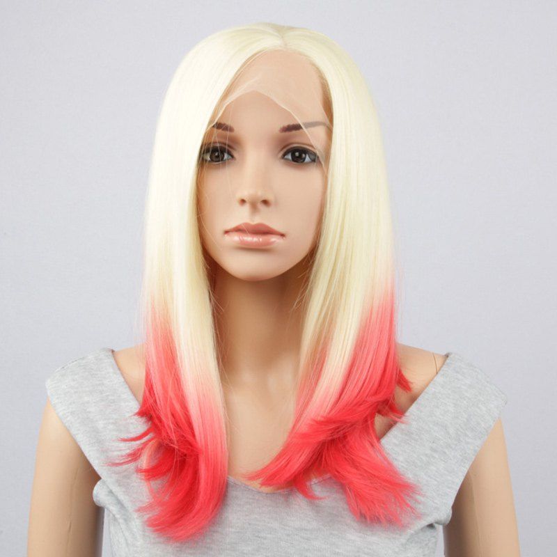 

Long Side Parting Straight Synthetic Double Color Lace Front Wig, Gold and red