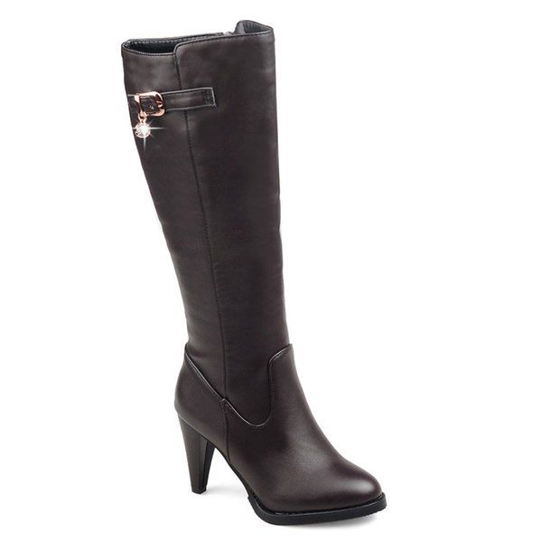 Belt Buckle Cone Heel Boots, Deep brown