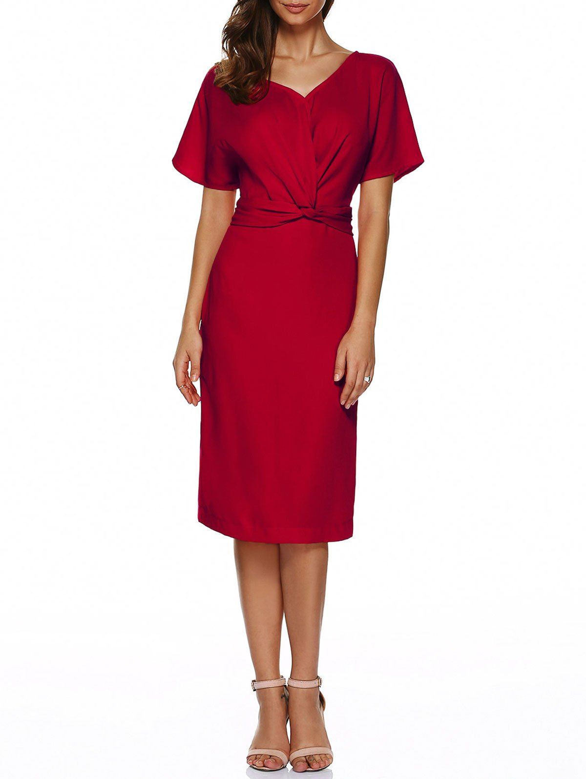 

V Neck Knot Knee Length Dress With Short Sleeves, Red