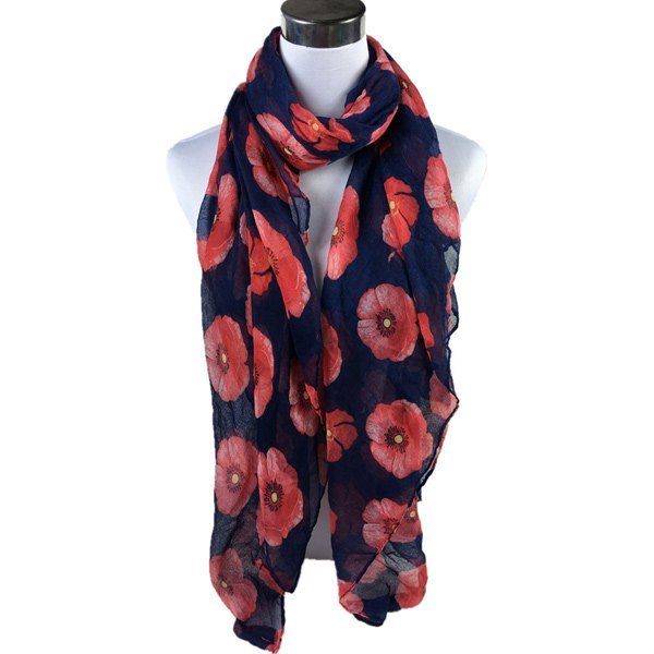 

Casual Poppy Print Voile Scarf, Deep blue