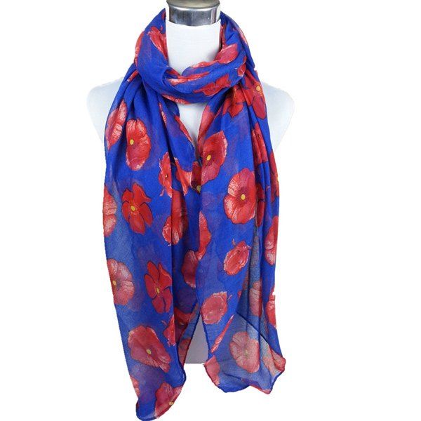 Casual Poppy Print Voile Scarf, Blue