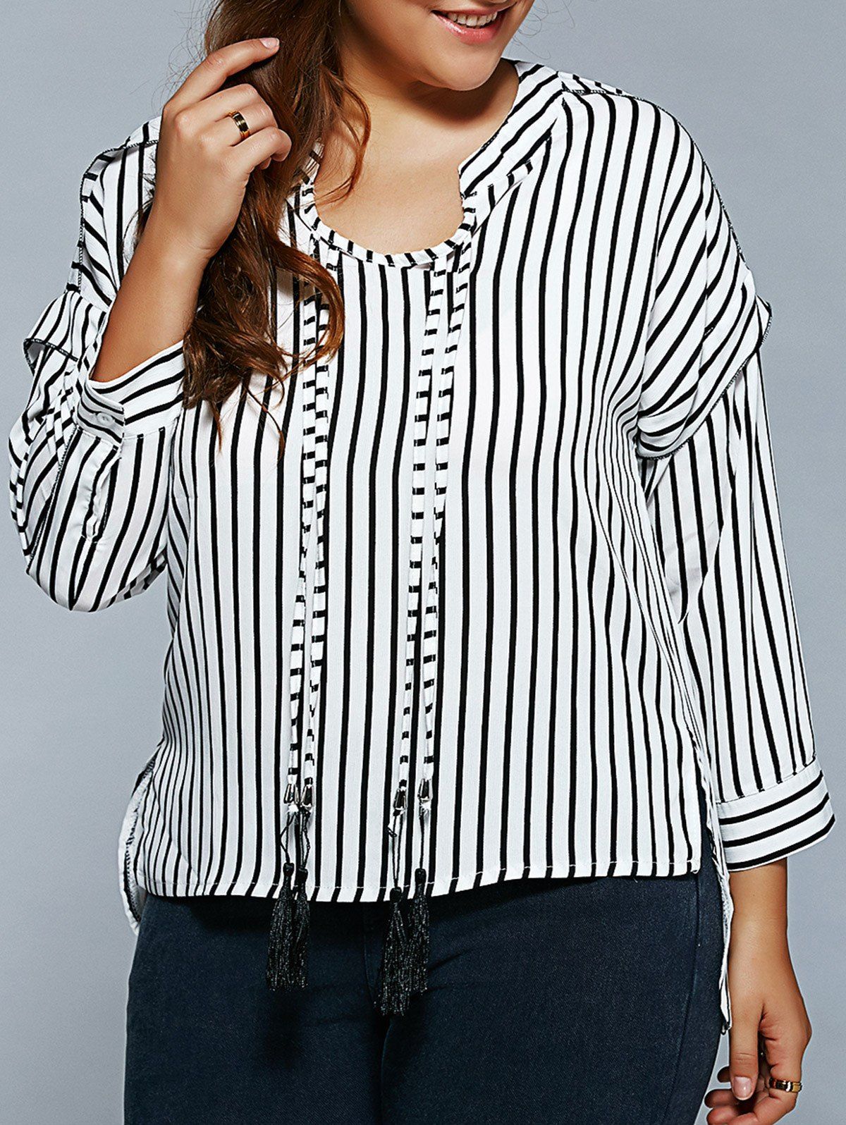 

Pinstriped Loose Tassels Blouse, Stripe