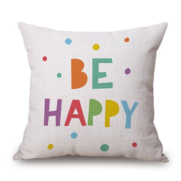 Be Happy Letter Design Sofa Flax Pillow Case, Off-white