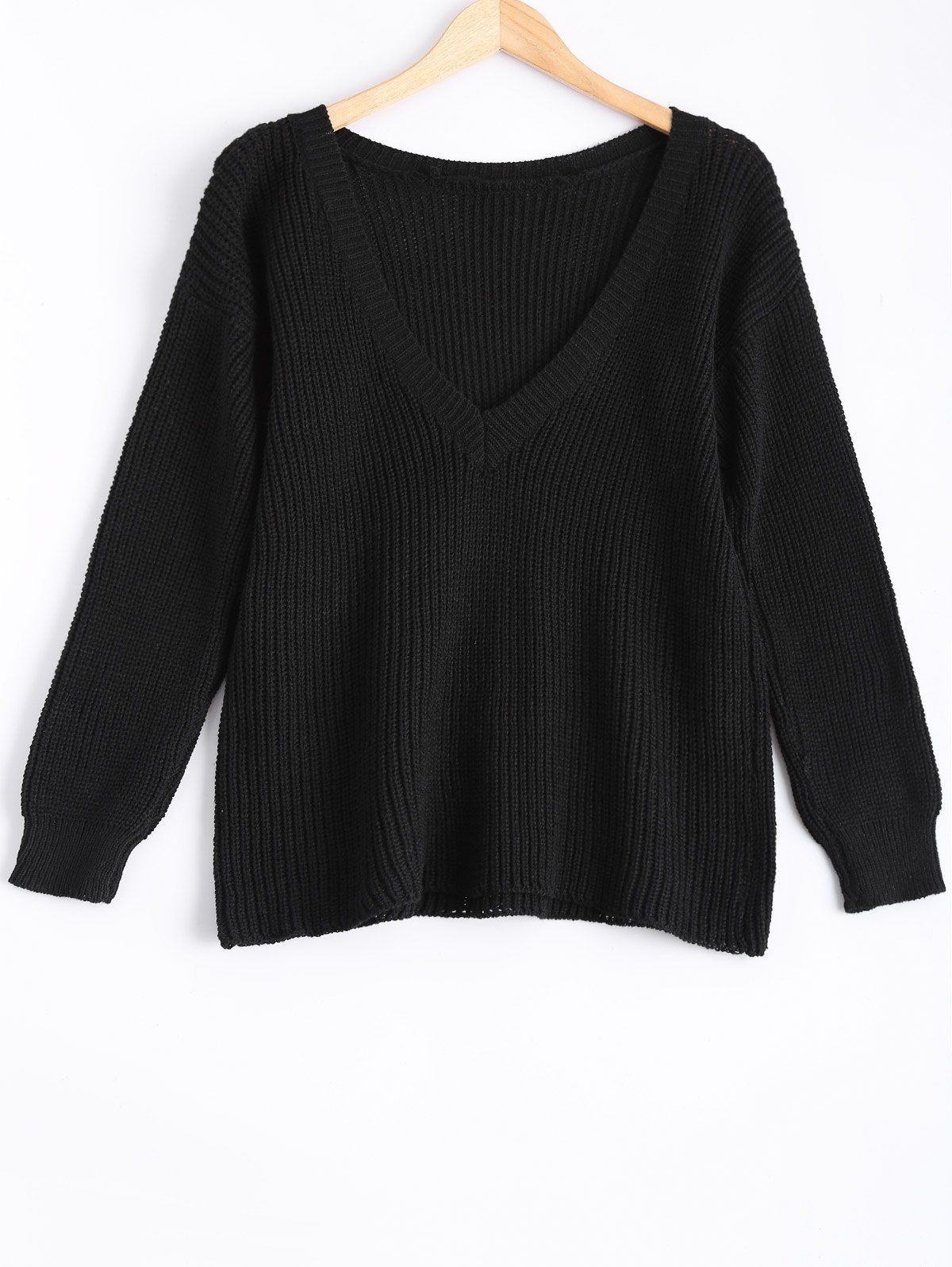 

Round Neck Knitted Open Back Sweater, Black