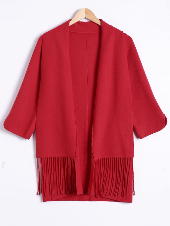 Manches 3/4 frangée large Waisted Cardigan - Rouge ONE SIZE