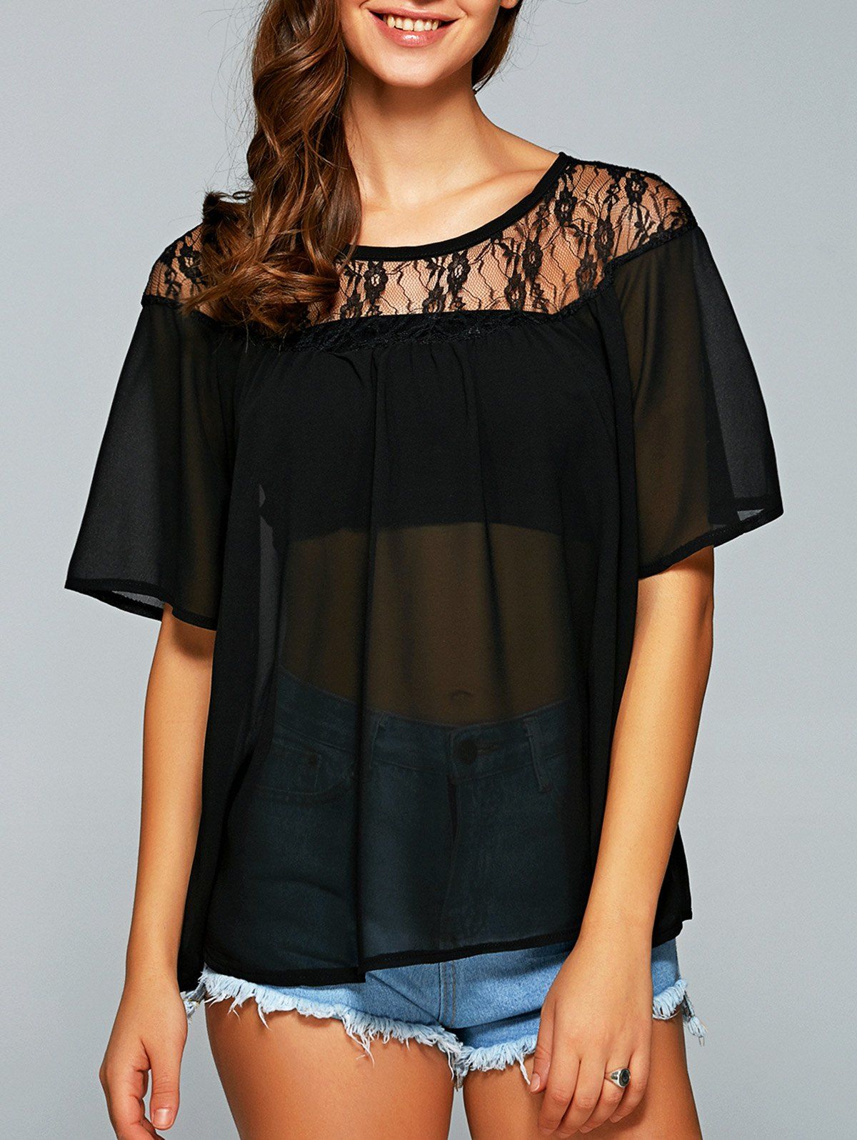 

Round Neck See-Through Lace Spliced Blouse, Black