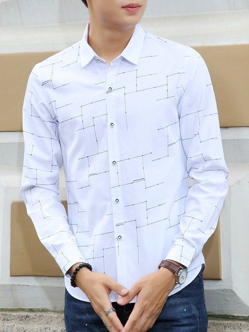 

Turn-Down Collar Long Sleeves Circuit Print Shirt, White