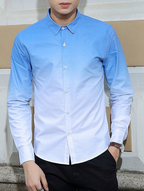 

Turn-Down Collar Long Sleeves Ombre Shirt, Light blue