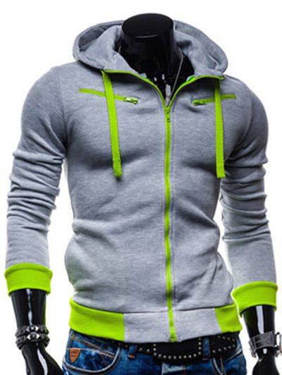 

Zippered Color Splicing Drawstring Hoodie, Light gray
