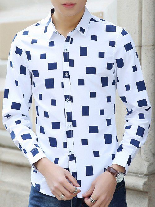 

Turn-Down Collar Long Sleeves Box Print Shirt, Sapphire blue