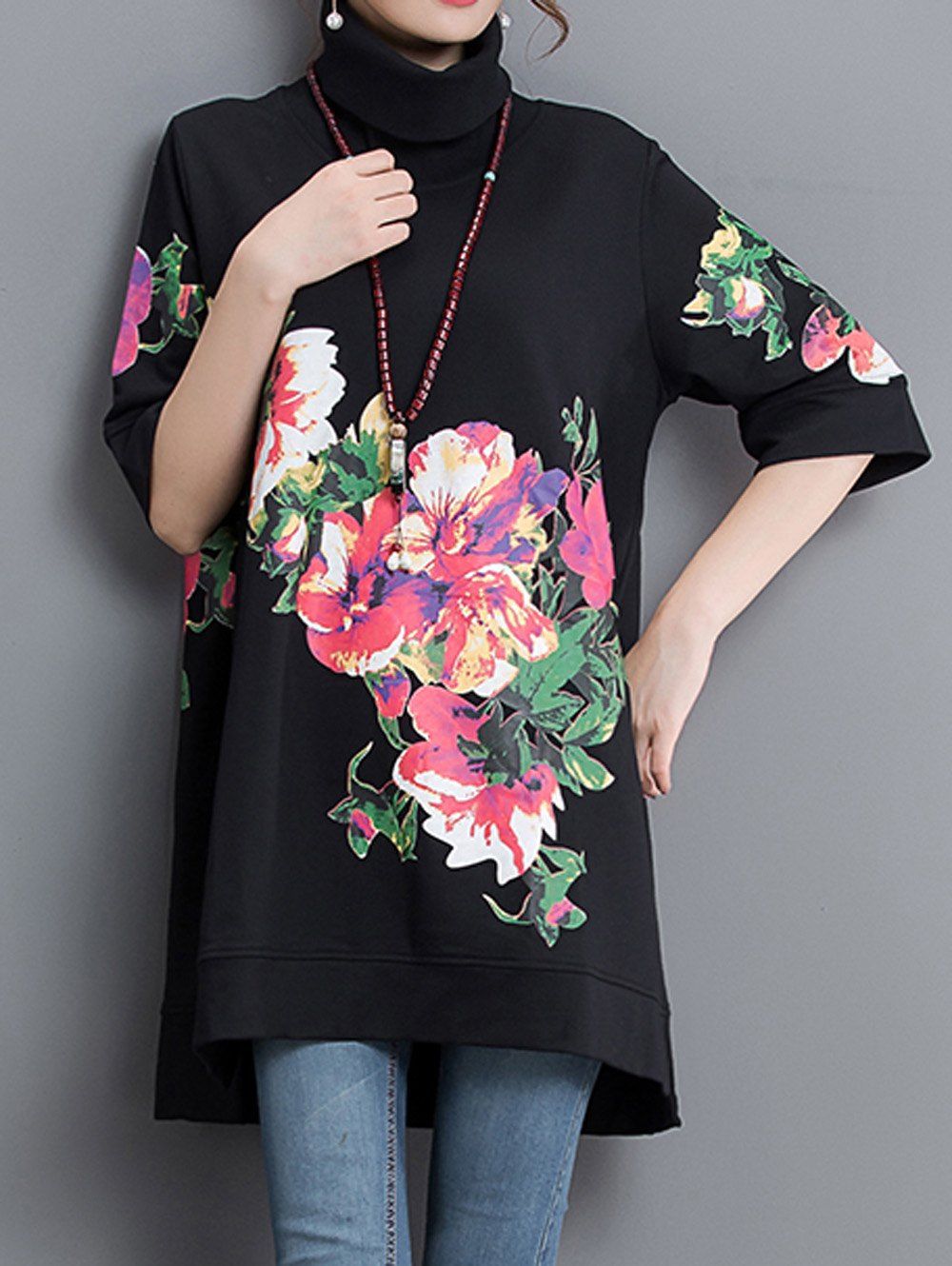 

Asymmetrical Floral Print Sweatshirt Dress, Black