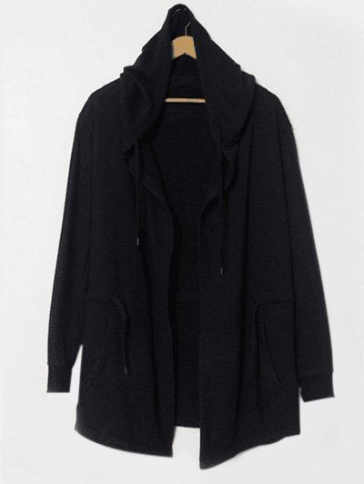

Long Sleeve Drawstring Waist Hooded Longline Coat, Black