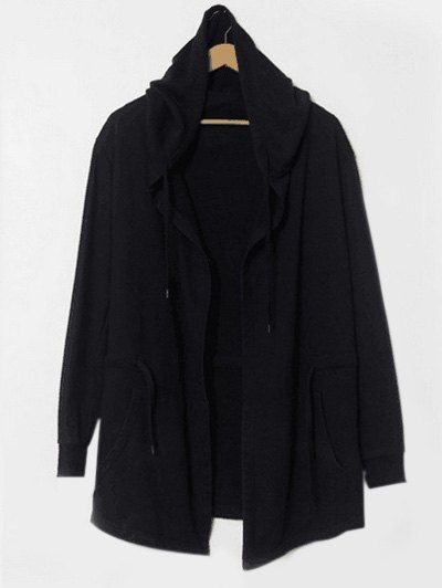 Manteau à manches longues taille coulissée palangre à capuche - Noir 2XL