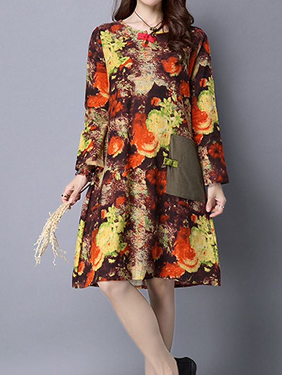Floral Print Patch design Robe - Orange Jaune M