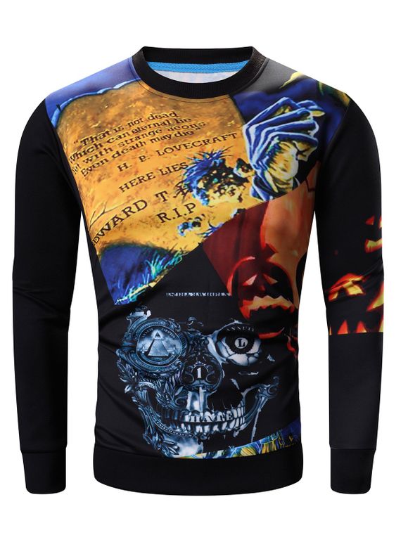 Sweat-shirt d'Halloween 3D Citrouille et Crâne Abstraits Imprimés Manches Longues à Col Rond - Noir M