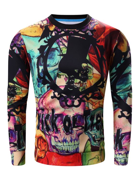 Halloween Lettre Col Rond Manches Longues 3d Et İmprimé Crâne Sweatshirt - multicolore 3XL