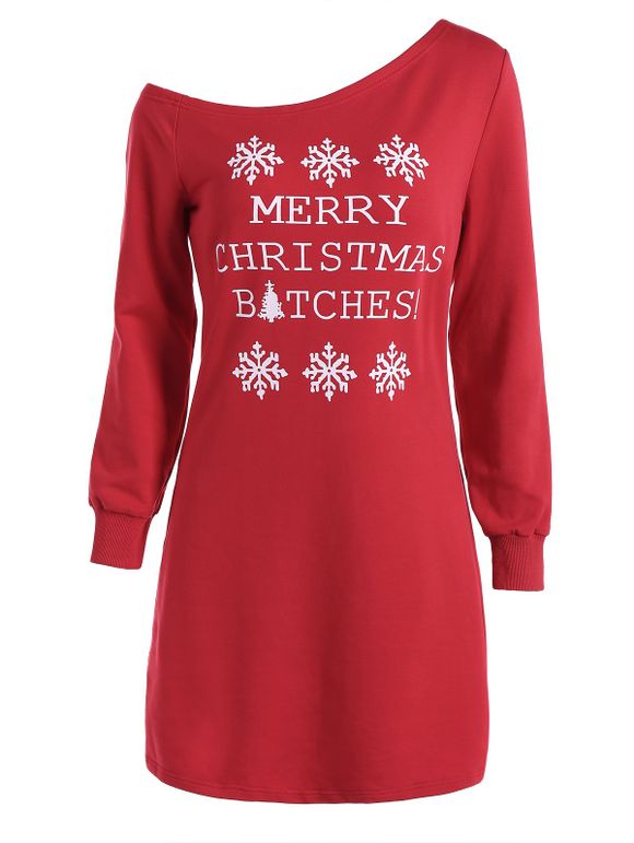 Robe à Manches Longues Col Oblique Style Noël - Rouge XL