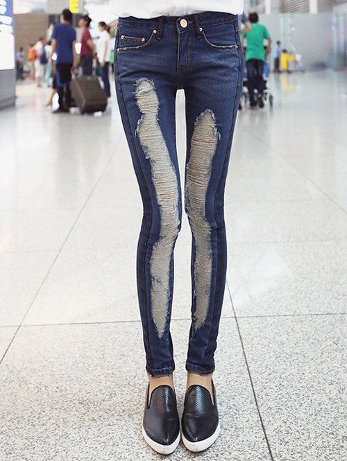 Trou brisé Stretchy épissage Jeans - Bleu Toile de Jean S