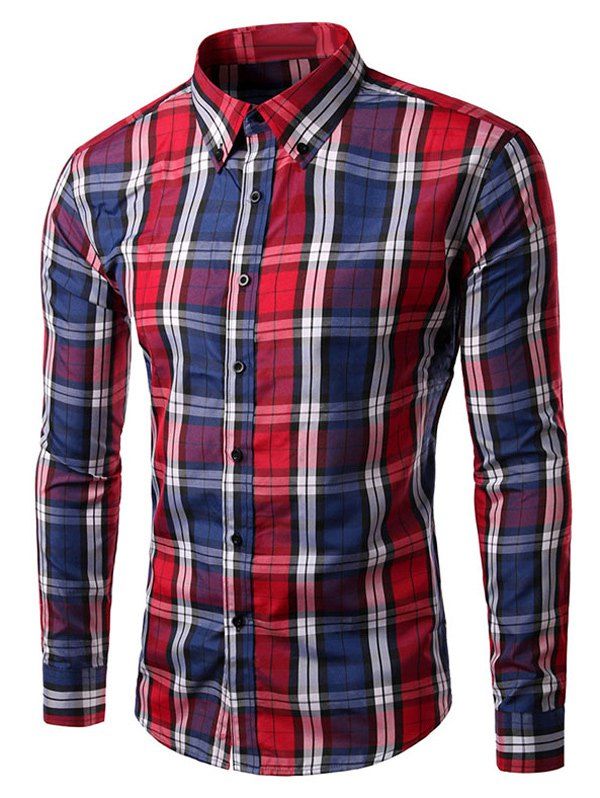 

Long Sleeve Slim Fit Button-Down Checked Shirt, Red
