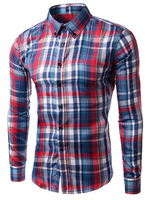 

Casual Long Sleeves Turn-down Collar Plaid Shirt, Red