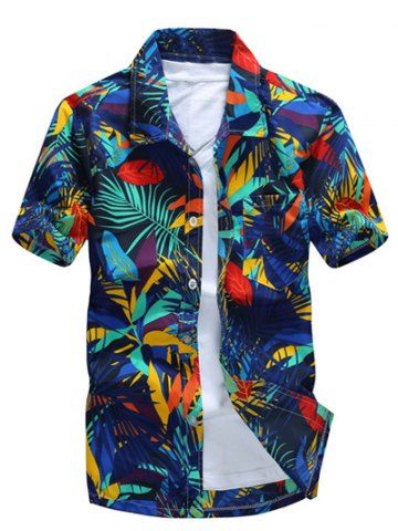 2018 Blue Hawaiian Shirt Online Best For Short Sleeve Leaf Printed Hawaiian Shirt