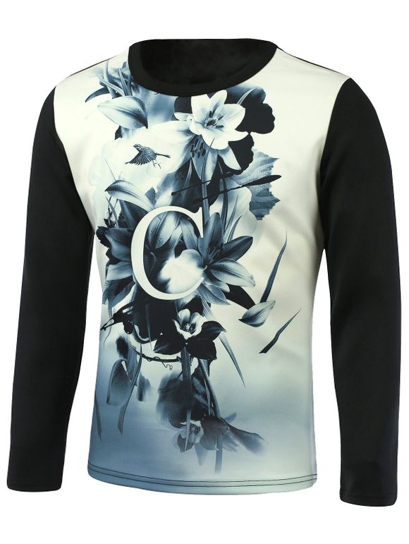 Sleeve Floral 3D Imprimé long T-shirt - Noir M