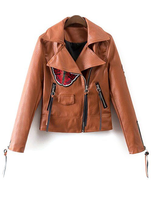 

Lapel Collar Inclined Zipper Floral Patchwork Biker Jacket, Brown