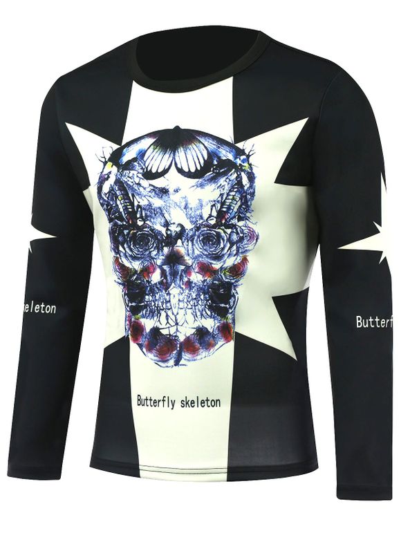 T-shirt à imprimé crânien squelette à manches longues - gris foncé 2XL