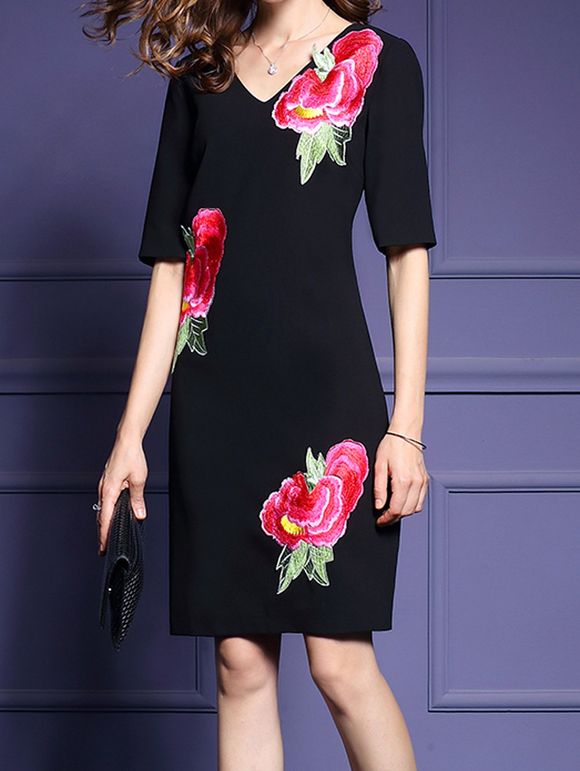 Floral Embroidery Minceur Robe droite - Noir M