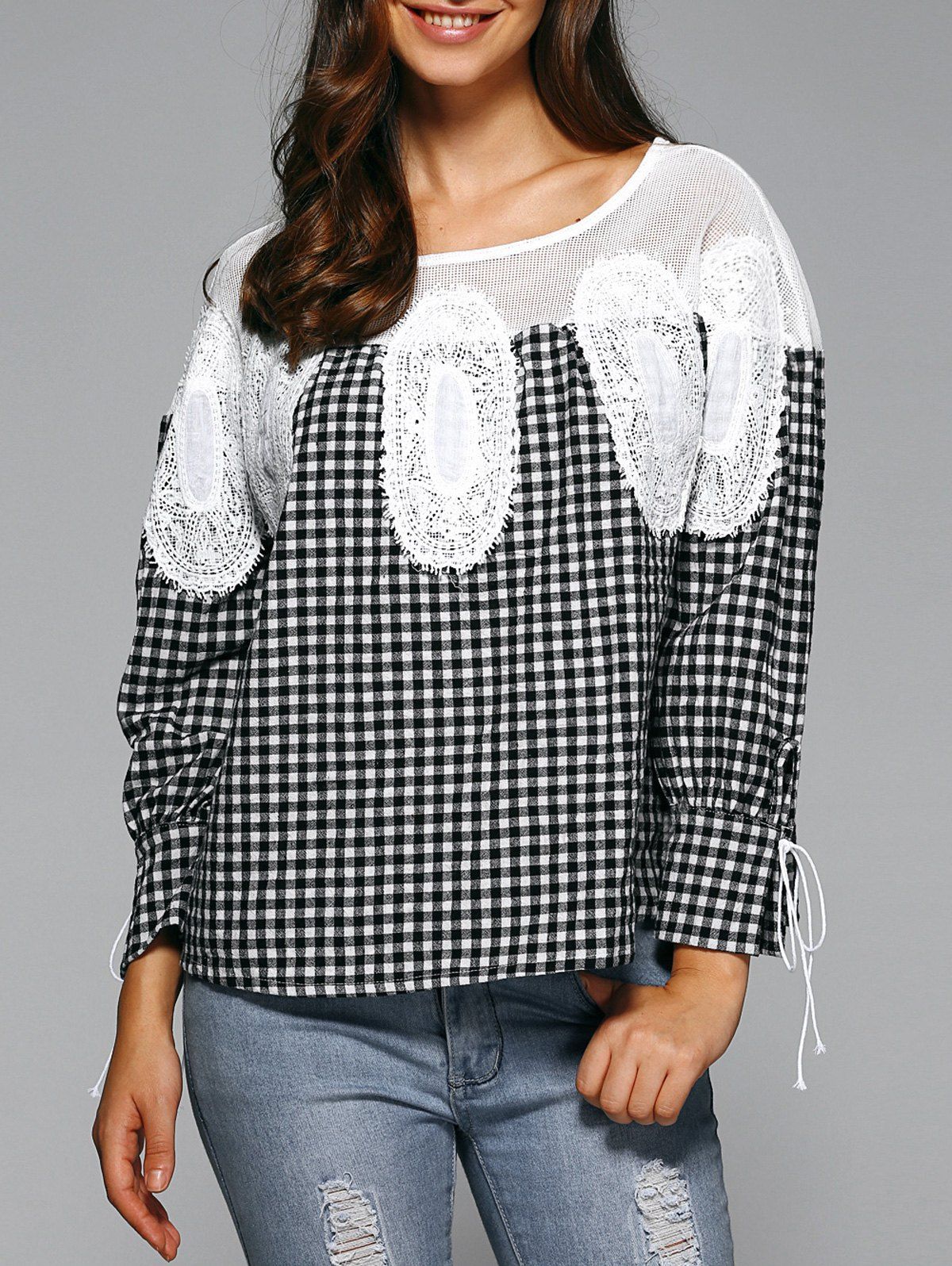 

Loose Plaid Openwork Blouse, White and black