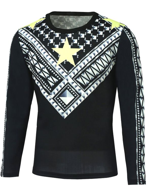 Long Sleeve Star et géométrique T-shirt imprimé - Noir 3XL