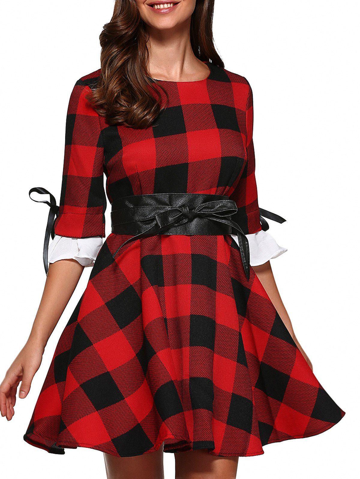 [41% OFF] 2021 Retro Bowknot Plaid Flare Dress In RED | DressLily