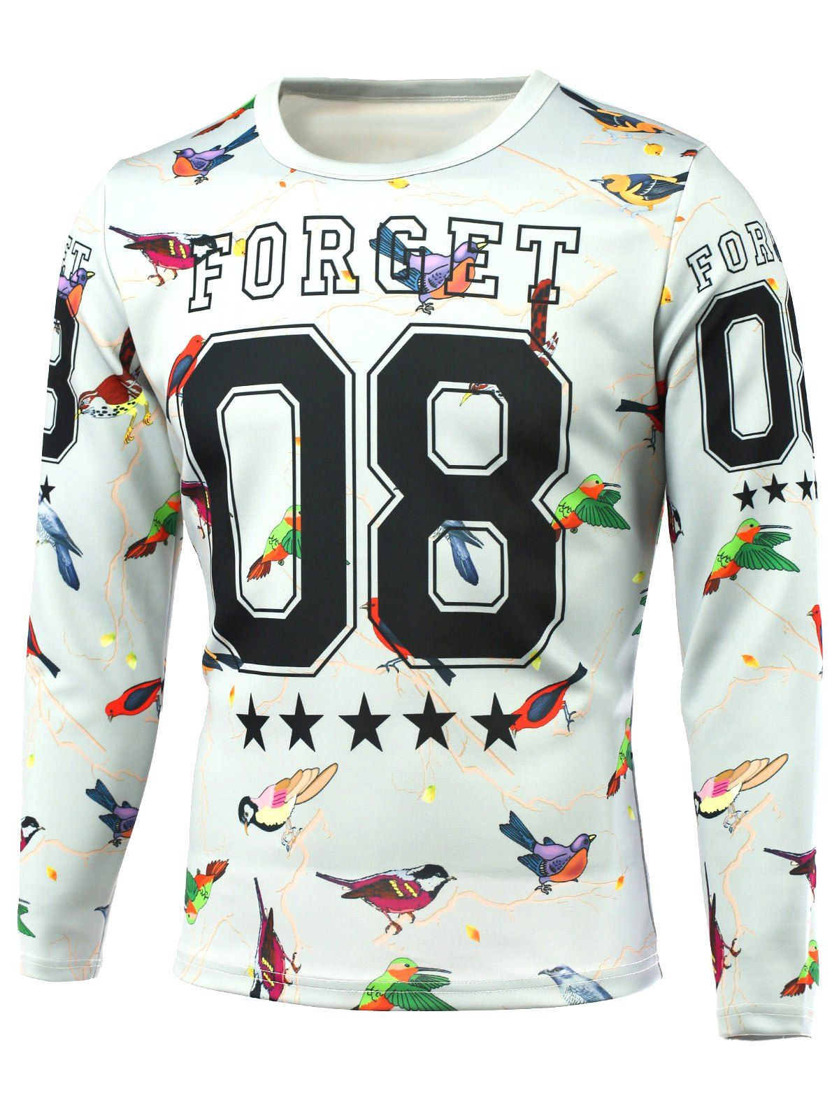 

Long Sleeve Multi Birds Print Round Neck T-Shirt, Light gray