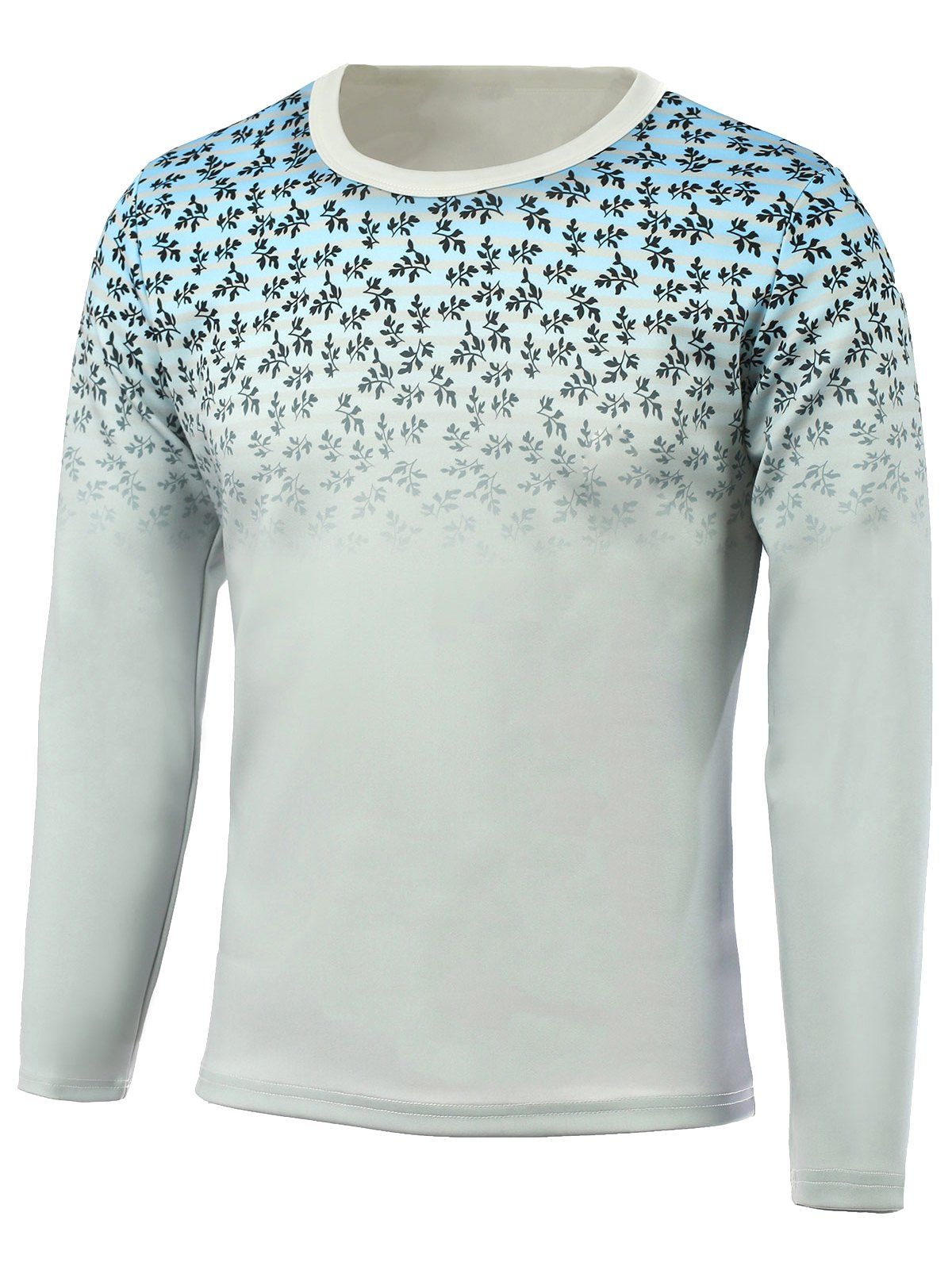 

Round Neck Long Sleeve Tiny Leaf Print Striped T-Shirt, White