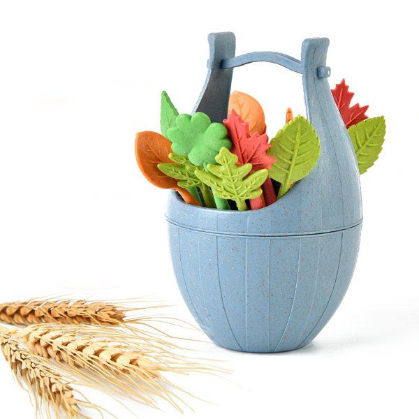 

Green Biodegradable 16Pcs Natural Wheat Straw Leaves Fruit Fork Set, Blue