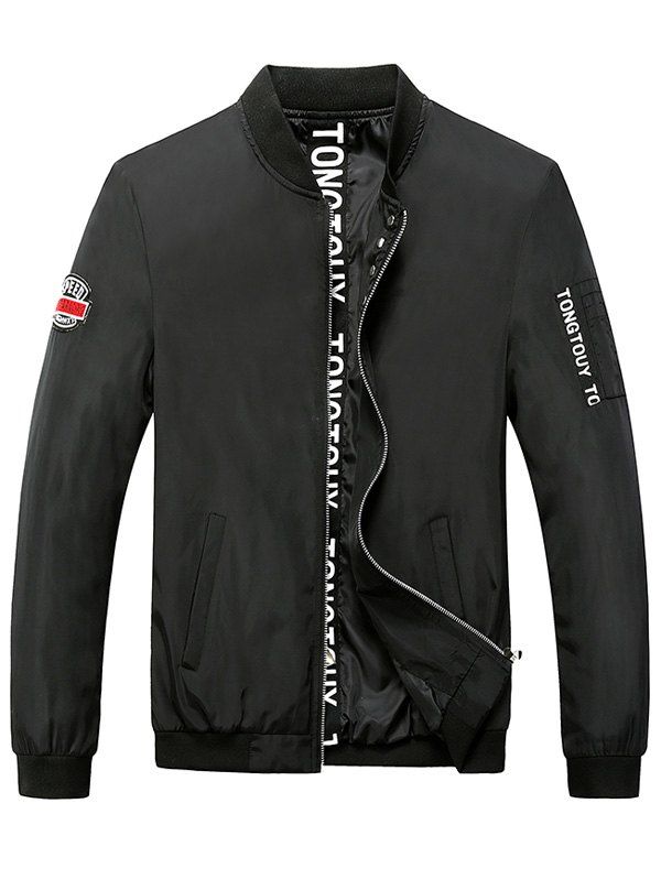 

Rib Spliced Patch Design Zip Up Letter Print Jacket, Black