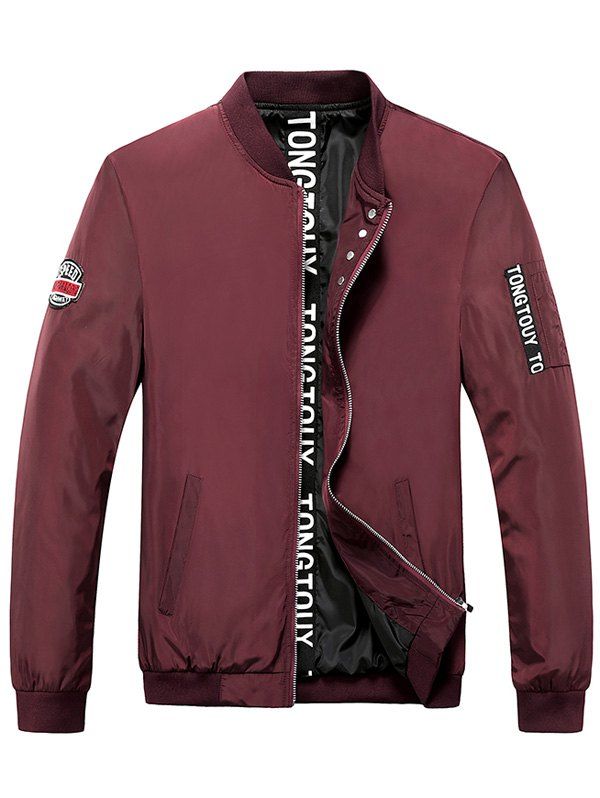 

Rib Spliced Patch Design Zip Up Letter Print Jacket, Wine red