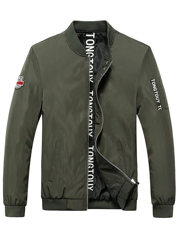 

Rib Spliced Patch Design Zip Up Letter Print Jacket, Army green